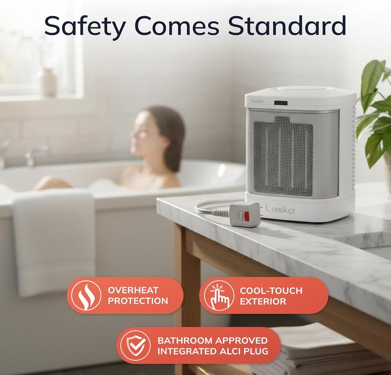 Lasko Portable Electric Ceramic Space Heater with ALCI Plug for Bathroom Use, 2 Heat Settings and Simple Heat Button, 8 Inches, White, 1500W, CD08200 - Image 3